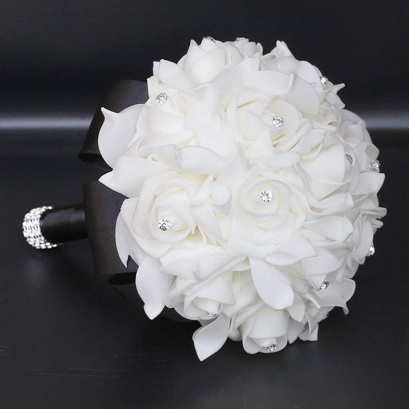 Flonding Wedding Bouquet, Black Bouquet for Bride Bridesmaid with Diamond Soft Ribbons, Artificial Rose Bridal Holding Flowers for Party Church - Image 4